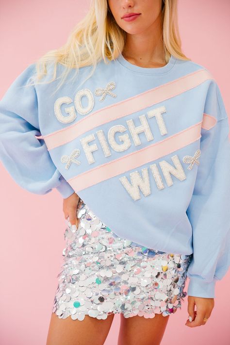 GO FIGHT WIN BLUE PULLOVER PULLOVER Judith March Blue And Gold Outfits School Spirit, Coach Attire, Cheer Coach Outfit, Hoodie Wishlist, Cheer Merch, Diy Shirt Printing, Cheer Practice Wear, Cheerleading Coach, Madison Paige