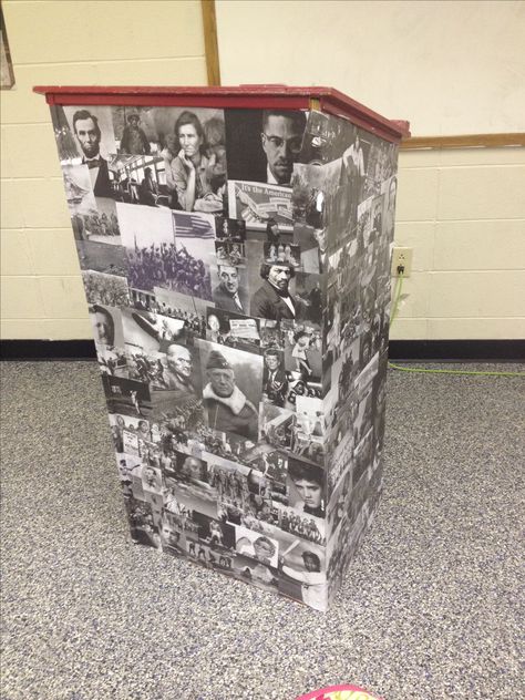 Podium that I decoupaged for my husband's high school history classroom. History Teacher Classroom, History Classroom Decorations, High School History Classroom, World History Classroom, Middle School History, Classroom Decor High School, Teacher Classroom Decorations, High School History, Social Studies Classroom