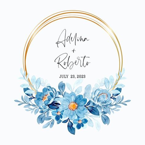 Blue Floral Wreath, Gift Calligraphy, Gold Circle Frames, Wreath Illustration, Blue Watercolor Floral, Flower Drawing Tutorials, Floral Wreath Watercolor, Watercolor Green, Gold Wreath