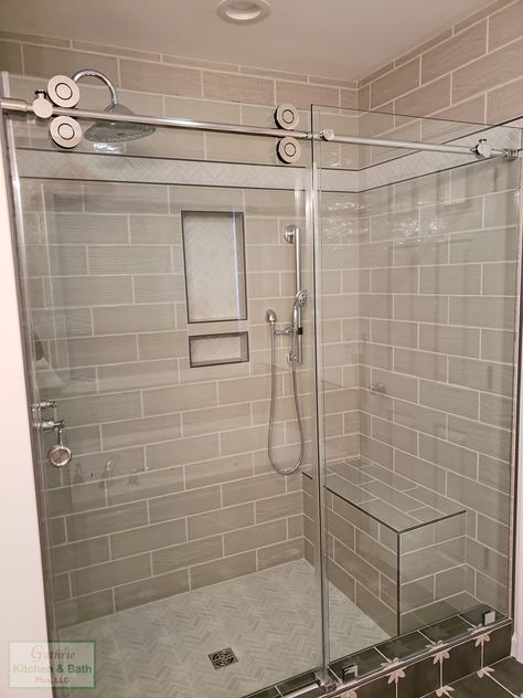 Built In Tiled Shower Bench, Stand In Shower With Bench, Small Built In Shower Bench, Tile Shower With Sliding Glass Door, Shower Bench With Sliding Glass Door, Shower Seats Built In Tile, Shower With Bench And Sliding Door, Standard Shower Remodel, Shower Seats Built In