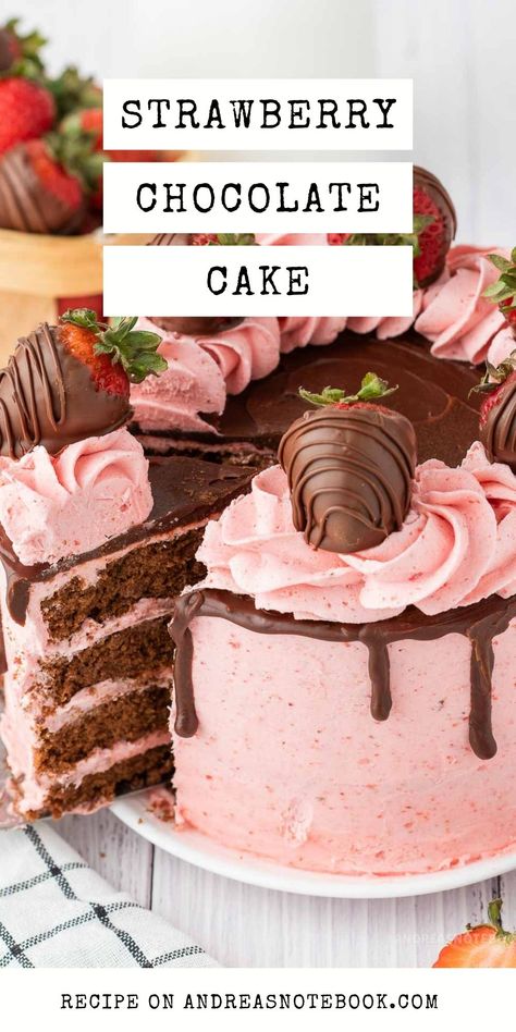 Rich Chocolate Cake Recipe, Cake With Strawberry Frosting, Layered Chocolate Cake, Shortcake Recipes, Chocolate Covered Strawberry Cake, Chocolate Cake From Scratch, Strawberry Buttercream Frosting, Cake With Strawberry, Chocolate Strawberry Cake