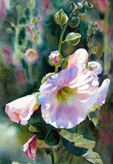 Hollyhock Garden, Ear Tattoo Ideas, Ear Tattoos, Watercolor Pictures, Watercolor Plants, Watercolor Painting Techniques, Watercolor Flower Art, 수채화 그림, Watercolor Artists