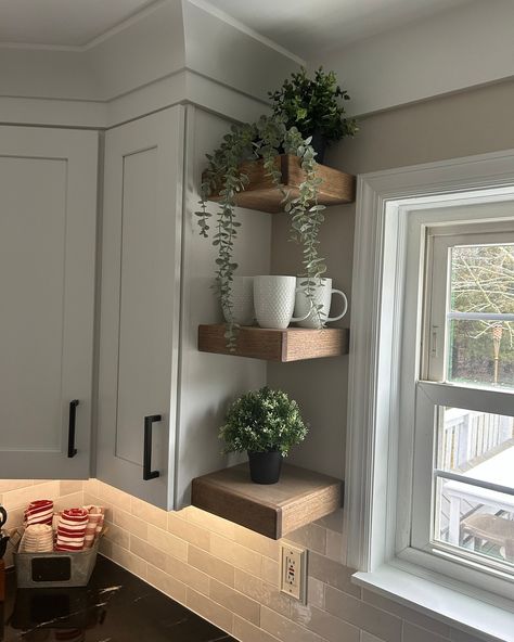 A little greenery goes a long way in this cozy corner 🪴 Pictured: 12”x10” Rustic shelves in “Medium Brown” #kitchendecor #handmadewood #rusticcharm Short Floating Shelves Kitchen, Diy Corner Floating Shelves, Corner Floating Shelves Kitchen, Corner Open Shelves Kitchen, Kitchen Counter Corner Decor Ideas, Corner Kitchen Shelves, Corner Shelving Ideas, Corner Shelves Kitchen, Corner Shelf Decor