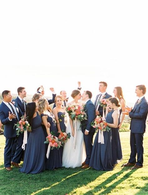 Bridal Party Navy Dresses, Mixed Navy Blue Bridesmaid Dresses, Navy Blue Suits And Bridesmaid Dresses, Navy Wedding Bright Flowers, All Navy Bridal Party, Wedding Party Blue Suits, Navy Wedding Party Attire, Dark Blue Wedding Party, Bridal Party Navy Suits