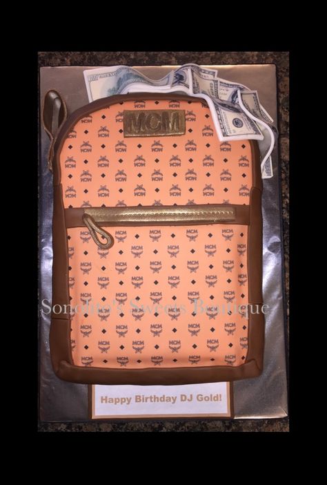 MCM Backpack cake Backpack Cake, Happy Birthday Dj, Mcm Bag, Mcm Backpack, Mcm Bags, Designer Bags, Luxury Brand, Cake Designs, Birthday Ideas