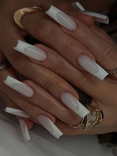 Square Nails White, Manicure Tips, Coffin Press On Nails, French Acrylic Nails, Nails White, Exotic Nails, White French, Nail Length, Girls Nails