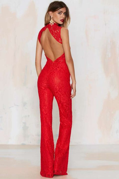 Okay...this red jumpsuit is hot! Red Jumpsuits Outfit, Lace Jumper, Romper Long Pants, Clubbing Outfits, Lace Jumpsuit, Black Romper, Jumpsuit Fashion, Backless Dress Formal, Night Dress