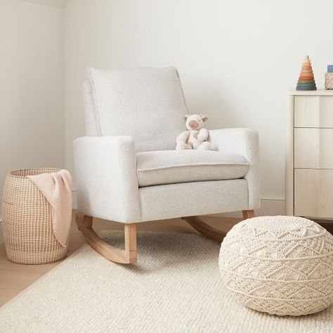 Nursery With Rocking Chair, West Elm Nursery, Boho Rocking Chair, Nursery Chair Ideas, Nursery Sofa, Baby Rocker Chair, Nursery Glider Rocker, Guess Room, Baby Cook