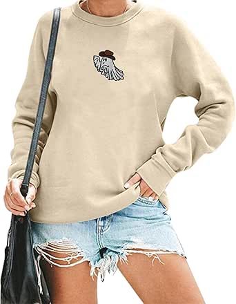 AIIWEIS Halloween Sweatshirt for Women Western Ghost Embroidered Crewneck Long Sleeve Shirt Spooky Season Pullover Top Halloween Sweatshirt For Women, Halloween Mode, Ghost Graphic, Pumpkin Sweatshirt, Coffee Sweatshirt, Crewneck Design, Halloween Sweater, Embroidered Crewneck, Fun Sweatshirts