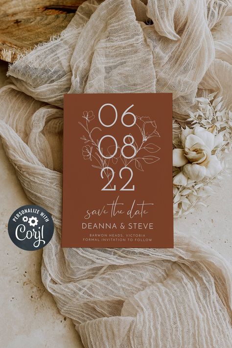 Rustic Boho Save The Date, Boho Save The Date Invitations, Rust Save The Date, Save The Date Ideas Boho, Save The Date Without Photo, Rust Wedding Invites, Terracotta Save The Date, Boho Wedding Save The Date, Save Our Date Ideas