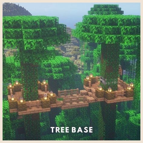 Treehouse Base Minecraft, Treehouse Minecraft Ideas Jungle, Minecraft Tree Bridge, Minecraft Treehouse Village, Minecraft Jungle Bridge, Minecraft Jungle Village Ideas, Jungle Biome Minecraft, Minecraft Tree Base, Jungle Biome Houses Minecraft