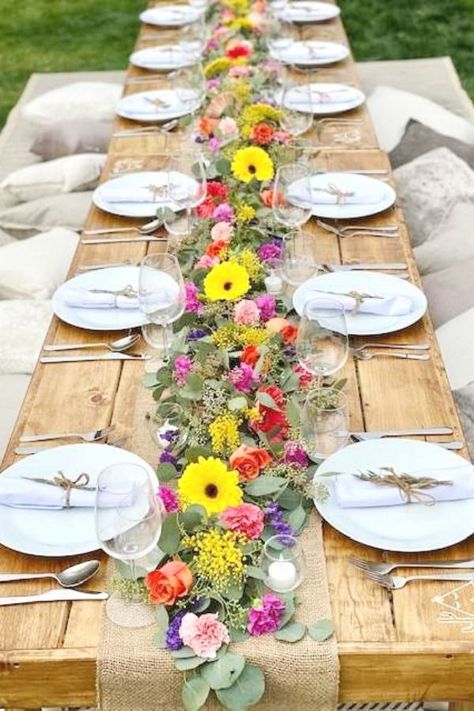 Swoon over this fabulous Spring boho dinner party! Love the table settings and floral decorations! See more party ideas and share yours at CatchMyParty.com  #catchmyparty #partyideas #bohoparty #teepees #spring #gardendinnerparty Sequin Table Runner Wedding, Hiasan Perkahwinan, Gold Sequin Table Runner, Wedding Runner, Wedding Backyard Reception, Deco Champetre, Sequin Table Runner, Sequin Table, Unique Wedding Decor