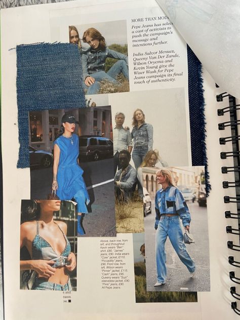 Fashion Communication Aesthetic, Fashion Communication Portfolio Ideas, Fashion Communication Portfolio, Denim Mood Board, Fashion Research Sketchbook, Fashion Journal Ideas Portfolio Layout, Fashion Portfolio For University, Mood Board Fashion Design Student Portfolios, Fashion Journalism Portfolio