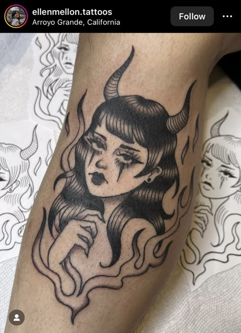 Ellen Mellon Tattoo, Devil Tattoo For Women, Traditional Tattoos For Women, Angel And Devil Tattoo, Goth Tattoo Ideas, Tatuajes Old School, Divine Tattoo, Traditional Tattoo Woman, Tattoo Sleeve Filler