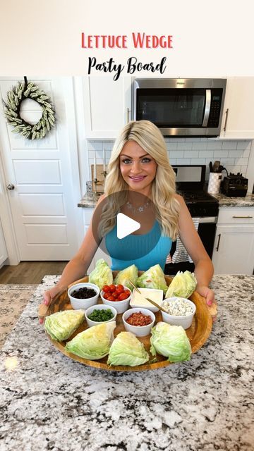 Cherish Larsen - Seasonal/Holiday Favorites! on Instagram: "Lettuce Wedge Party Board 🥗

One of the best side dishes ever in my opinion! Plus this is a great way to serve up some lettuce wedges that look presentable, and leaves a very minimal mess! 

What you need :

2 lettuce heads (washed & sliced)
Blue cheese dressing
Crumbled blue cheese
Cherry tomatoes
Crumbled bacon or bacon bits
Sliced green olives
Black olives

Remove the damaged outer layers from the lettuce head, and wash well. I like to soak mine for about 5-10 mins, shake and pat dry to remove remaining water, and then allow to dry in the refrigerator before serving. 

Slice, and add everything to the board!

LTK shopping links in my profile!" Salad Wedge, Lettuce Wedge Salad, Dinner Boards, Cherish Larsen, Lettuce Wedge, Appetizer Salad, Wedge Salad, Blue Cheese Dressing, Best Party Food