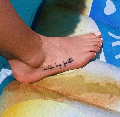 Let Them Foot Tattoo, Keep Walking Tattoo, Walk In Love Tattoo, He Walks With Me Foot Tattoo, Christian Foot Tattoos For Women, Be Where Your Feet Are Tattoo, Feet Tattoos For Women Quotes, Tattoo Walk By Faith, Side Of Foot Tattoos For Women