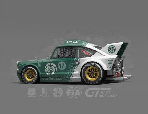 ArtStation - Triumph Herald 1200 - Racing - Starbucks, Marco Demartin Car Town, Racing Car Model, Van Car, Car Artwork, Custom Hot Wheels, Automotive Art, Rally Car, Car Art, Sport Cars