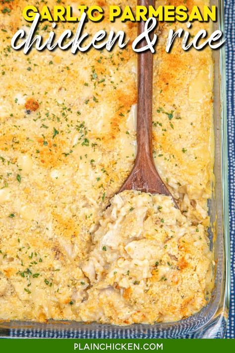 Garlic Parmesan Chicken & Rice Casserole Recipe - This easy-to-make dish features tender rotisserie chicken, rice, creamy soups, savory garlic and herb seasoning, chicken broth, milk, and a cheesy Parmesan topping. Perfect for a cozy family meal. It's ready in under an hour and sure to become a favorite. Main Dish With Rice, Rotisserie Chicken And Rice Recipes Easy, Rotisserie Chicken Mashed Potatoes, Chicken In Rice Casserole, Chicken Rice Cream Of Chicken Soup, Best Leftover Chicken Recipes, Recipes For Cooked Chicken Leftovers, Chicken And Rice With Cream Of Chicken, Rotisserie Chicken Recipes With Rice