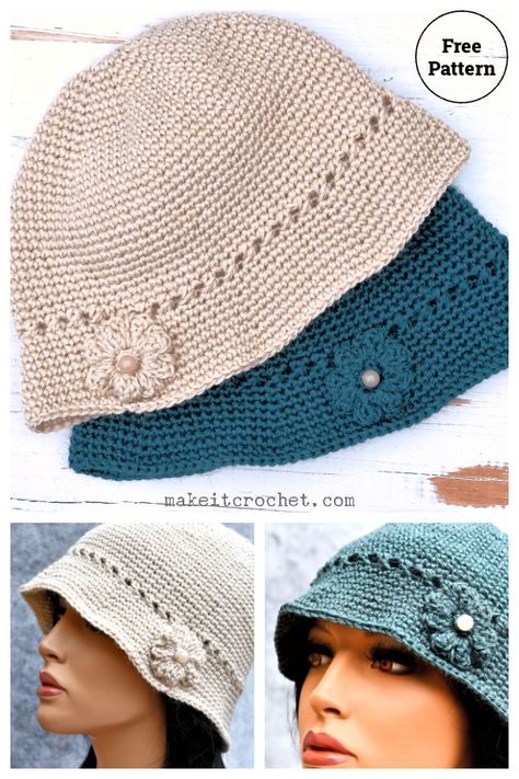 Flower Cloche Womens Hat Free Crochet Pattern Vintage Crochet Hat Pattern, Free Crochet Hat Patterns For Women Easy, Crochet Cloche Hat Free Pattern, Flower Cloche, Hat Free Crochet Pattern, Raffia Sun Hat, Crochet Hat With Brim, Womens Hat, Crochet Hats Free Pattern