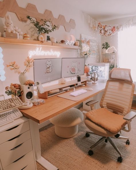 Cozy Office Decor, Home Office Chic, Modern Desk Setup, Chic Workspace, Bedroom Inspiration Cozy, Small Game Rooms, Cozy Desk, Game Room Basement, Gamer Room Decor