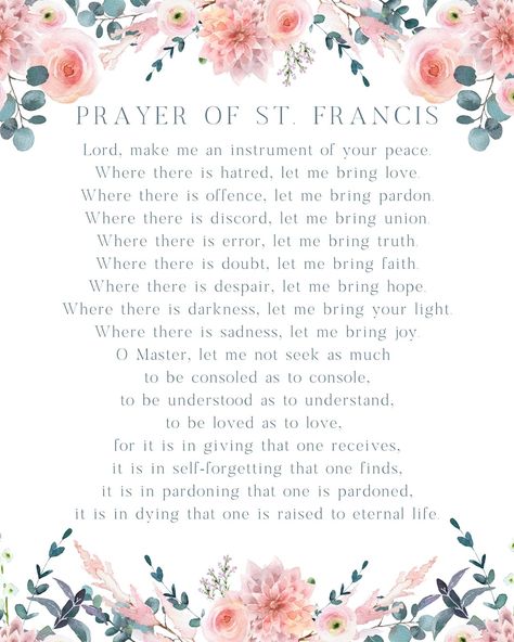 Prayer of St. Francis Peace Prayer Digital File Download - Etsy Australia St Francis Prayer, Baby Bible Verses, Prayer Of St Francis, Peace Prayer, Childrens Prayer, Our Father Prayer, Catholic Wall Art, Printable Prayers, Verses About Love