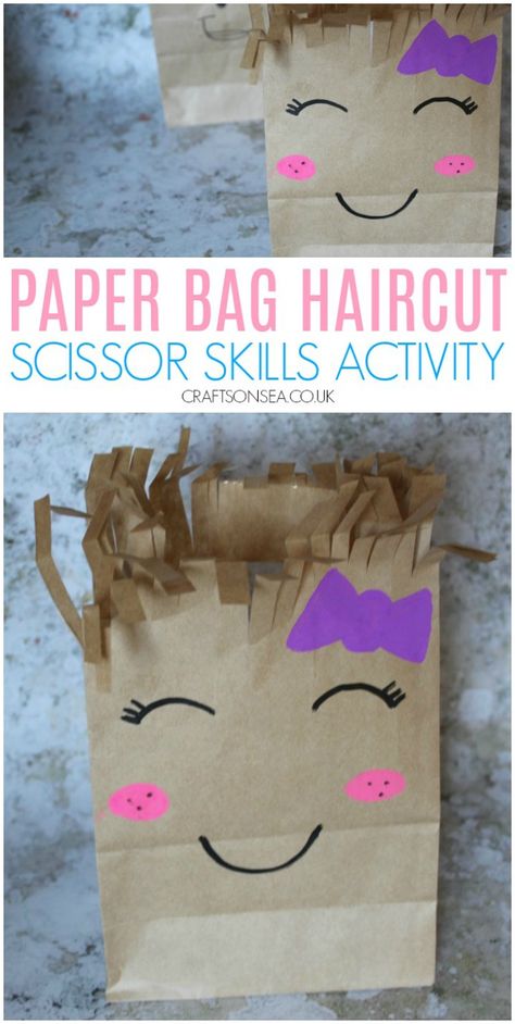 Paper bag haircut scissor skills activity preschool easy #kidsactivities #scissorskills #preschool Bag Haircut, Easy Preschool Activities, Scissors Skills, Gratitude Journal For Kids, Activity Preschool, Paper Bag Crafts, Journal For Kids, Preschool Fine Motor, Scissor Skills