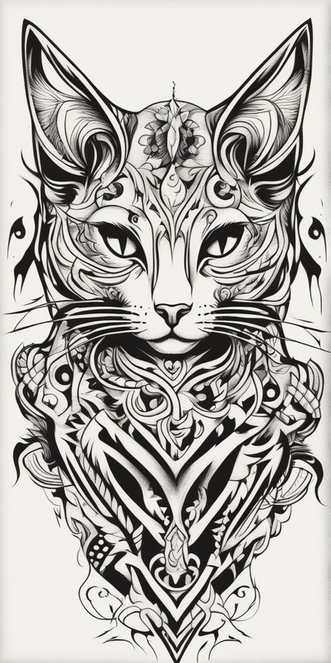 This image displays a tribal-style cat tattoo design, intricately crafted with black ink, showcased on a blank canvas. The monochrome nature of the form gives it a stark and edgy appeal. Evil Cat Tattoo, Cat Tattoo Design, Evil Cat, Pyrography Patterns, Cat Tattoos, Cat Tattoo Designs, House Cat, Tattoo Stencils, Tattoo Idea