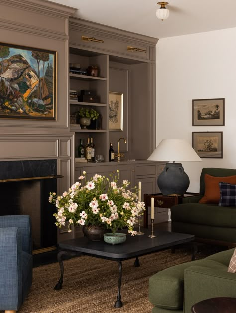 Portland - Heidi Caillier Two Couch Living Room Facing Each Other, Bookcase Window Wall, Moody Living Room Light Couch, Mushroom Color Living Room, Interior Color Trends 2023, Neutral Moody Living Room, Amber Interiors Fireplace, Vintage Moody Living Room, Moody Traditional Decor