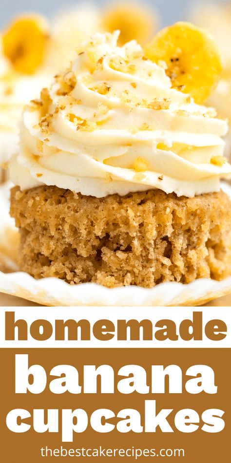 Sweet, moist, from scratch banana cupcakes with loads of banana flavor, topped with a super creamy cream cheese frosting. Banana Cupcakes Recipe, Banana Cupcake Recipe, Banana Cream Cupcakes, Banana Frosting, Banana Treats, Fast Desserts, Banana Brownies, Banana Cupcakes, Cake Mug