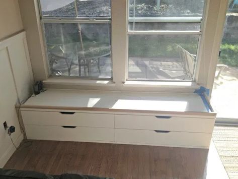 A WINDOW SEAT MADE FROM IKEA STOLMEN via Simphome Process 4 Ikea Window Seat Hack, Kallax Window Seat, Stolmen Ikea, Build A Window Seat, Ikea Stolmen, Nordli Ikea, Ikea Window Seat, Build A Window, Ikea Bench