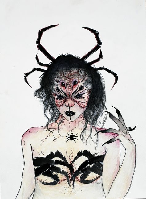 watercolor illustration - spider woman Spider Woman Drawing, Spider Character Design, Spider Creature, Spooky Flash, Spider Lady, Spider Face, Creature Ideas, Spider Illustration, Spider Drawing