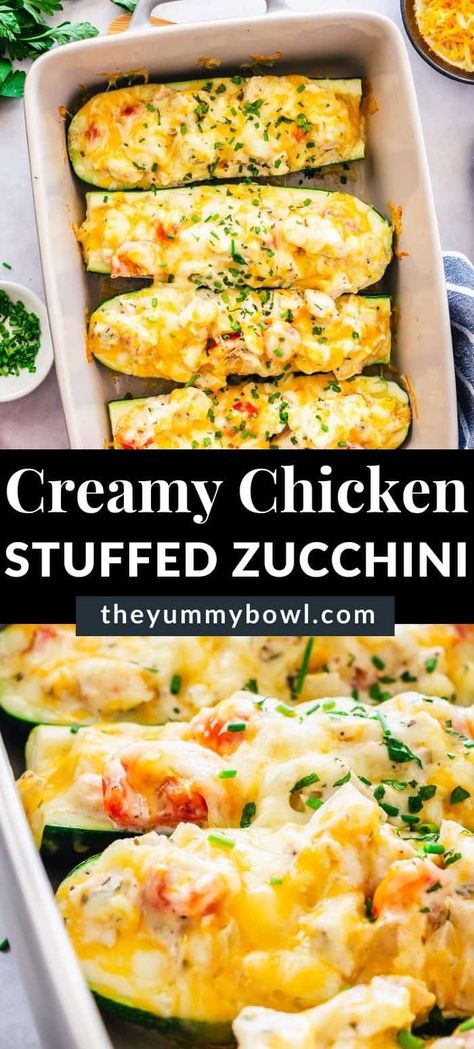 Creamy Chicken Stuffed Zucchini Boats (perfect for a two-person dinner!) are filled with the flavors of chicken parmesan. Easy and beautiful looking dinner that everyone in your family or friends will love. Simple to make ahead, and also these zucchinis freeze well and can be quickly reheated in the oven, stovetop, or microwave. Creamy Chicken Zucchini Recipes, Chicken Parmesan Zucchini Boats Recipe, Cooked Chicken Zucchini Recipes, Squash Boats Stuffed With Chicken, Spinach And Artichoke Stuffed Zucchini Boats, Chicken Enchilada Stuffed Zucchini Boats, Chicken Zucchini Dinner Recipes, Chicken Parm Stuffed Zucchini Boats, Easy Chicken And Zucchini Dinner