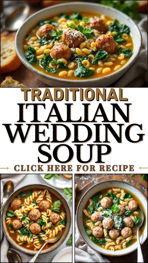 This Italian Wedding Soup Recipe is the perfect blend of tender meatballs, fresh spinach, tiny pasta, and a rich chicken broth. Full of cozy flavors and hearty ingredients, this Italian Wedding Soup is easy to make and bursting with homemade goodness. Whether you’re craving comfort or looking for a healthy, delicious meal, this Italian Wedding classic is a must Easy Italian Wedding Soup Crock Pot, Homemade Wedding Soup, Italian Wedding Ball Soup, Wedding Soup Meatballs, Authentic Italian Wedding Soup, Wedding Soup Recipe Crockpot, Chicken Meatballs Soup, Italian Wedding Soup Crock Pot, Italian Wedding Soup Recipes