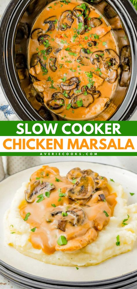 You'll love this Slow Cooker Chicken Marsala! This family dinner recipe is so easy that the crockpot does all the work. Simmered in a rich and creamy marsala wine sauce, these boneless skinless chicken breasts are the perfect comfort food! Slow Cooker Chicken Marsala, Averie Cooks, Marsala Chicken Recipes, Easy Slow Cooker Chicken, Marsala Wine, Chicken Marsala, Favorite Chicken, Wine Sauce, Tender Chicken