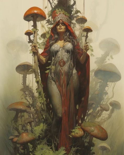 Dark fantasy mushroom witch in the 1970's style. #darkfantasy #dungeonsanddragons #fantasy #dnd #midjourney #aiart #ai #goblincore #cottagecore #witchcore #witch #witchaesthetic #nature Nature Witch Art, Dnd Witch, Mushroom Witch, Mushroom People, Fantasy Mushroom, Mushroom Cottagecore, Nature Witch, Faery Art, Cottagecore Mushroom