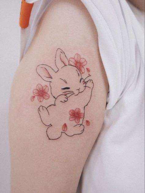 Rate This Tattoo ideas From ⭐1~10. SAVE & FOLLOW i will update everyweek. Bunny With Fairy Wings Tattoo, Chinese Bunny Tattoo, Edgy Bunny Tattoo, Bunny With Flowers Tattoo, Bunny Tattoo Design, Cherub Tattoo Designs, Fairy Wing Tattoos, Cute Halloween Tattoos, Partner Tattoos