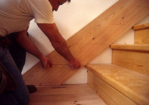 Scribing Stair Skirt Boards Revisited | THISisCarpentry Stair Skirt Board, Stair Skirt, Stairs Skirting, Stairs Trim, Stair Makeover, Boards Ideas, Diy Staircase, Stairs Makeover, Staircase Remodel