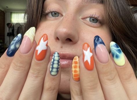 Inspi nails colorful Colorful Nail Inspiration, Funky Colorful Nails, Funky Nails Almond, Eccentric Nails, Monthly Nails, Eclectic Nails, Beads Makeup, Cute Funky Nails, Artsy Nails