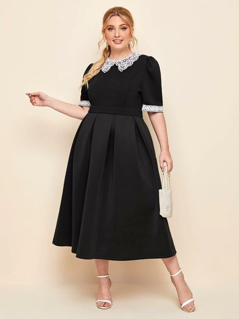 Newspaper Print Dress, Contrast Collar, Plus Size Fashion For Women, Women Plus Size, Peter Pan Collar, Belted Dress, Pleated Dress, Simple Dresses, Peter Pan