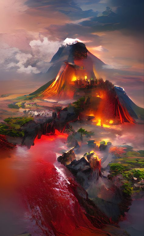 Volcanic Landscape Concept Art, Volcanic City Fantasy Art, Volcanic Landscape Fantasy Art, Fire Kingdom Fantasy Art, Fire Landscape Fantasy Art, Volcano City Fantasy Art, Volcano Town Fantasy Art, Fantasy Volcano Landscape, Volcanic Environment