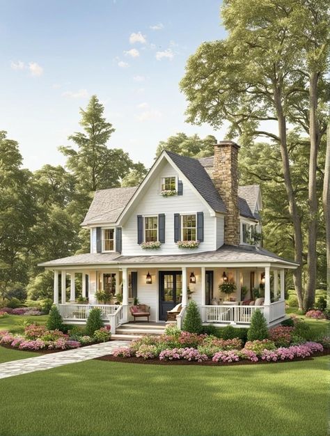 Country Home Entrance, Cottagecore Farmhouse Exterior, House With Farm, Cottage Farmhouse Exterior, American Cottage, Dream House Aesthetic, Fairytale House, Pretty Houses, Shed To Tiny House