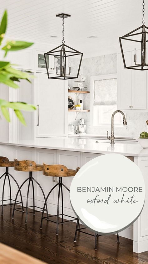 Benjamin Moore's Oxford White is a muted white that isn't warm or cool and isn't bright or subdued. It's a simple white that's a great option for folks that prefer a white that doesn't stand out. Use Oxford White as a wall colour or on trim, doors and cabinetry. Oxford White Kitchen Cabinets, Oxford White Benjamin Moore Walls, Bm Decorators White, Benjamin Moore Oxford White, Oxford White Benjamin Moore, White Paint Colours, Perfect White Paint, Best White Paint Colors, Modern Contemporary Dining Room