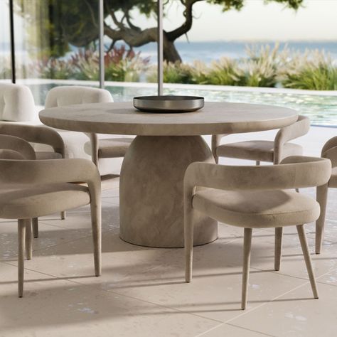 Kim Kardashian Round Dining Table, Concrete Table Dining Room, Concrete Oval Dining Table, Cement Dinner Table, Rove Concepts Dining Table, Light Fixture Above Dining Table, Concrete Round Dining Table, Concrete Design Interior, Cement Dining Table