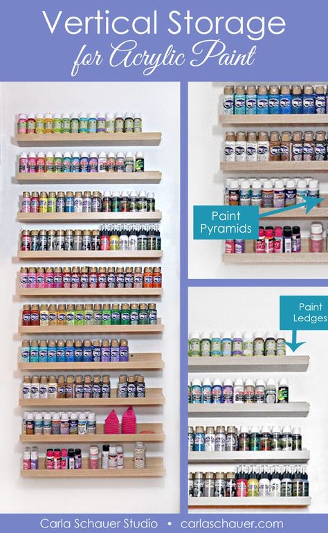 Great for small craft spaces! Vertical Acrylic Paint Storage Shelves Using Ikea Ledges. | Carla Schauer Studio #paint #storage #craftroom #organization #ikea #shelves #acrylicpaint Paint Shelf Ideas, Model Paint Storage, Craft Paint Storage Diy, Acrylic Paint Storage Ideas, Paint Storage Ideas, Paint Storage Diy, Craft She Shed, Paint Shelves, Kids Art Storage