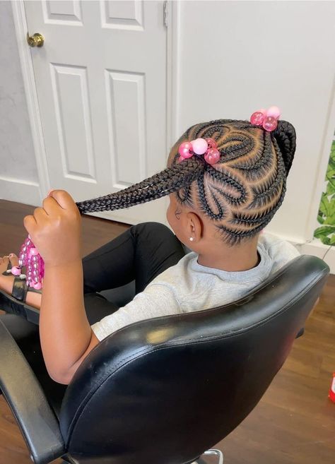 Beaded Ponytail Hairstyles, Cute Little Baby Girl Hairstyles Black Braids, Heart Hairstyle For Kids Easy Black, Valentines Day Braids For Kids, Little Kid Hairstyles Black, Valentines Hairstyles For Kids Black, Toddler Feed In Braids, Cornrow Ponytail Hairstyles For Kids, Braided Pigtails Black Kids