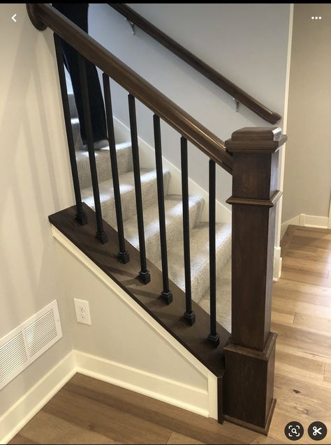 Light Stain Staircase, Dark Wood Railing, Dark Wood Staircase Light Floors, Wall Railings For Stairs, Craftsman Stair Railing, Farmhouse Railings For Stairs, Staircase Spindle Ideas, Staircase Makeover Railings, Hallway Railing