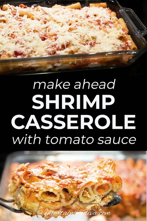 Make Ahead Shrimp Casserole With Tomato Sauce Casserole With Tomato Sauce, Shrimp Casserole Recipes, Seafood Casserole Recipes, Shrimp Casserole, Baked Shrimp Recipes, Pasta Seafood, Seafood Lasagna, Ziti Pasta, House To Home