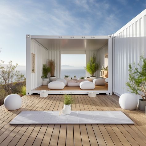 Shipping container home ideas Beach Shipping Container Homes, Container Resort Design, White Container House, Container Resort, Container Home Ideas, Sea Container Homes, Tiny House Luxury, Outdoor Restaurant Design, Beautiful Outdoor Living Spaces