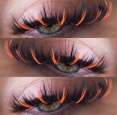 Coloured Eyelashes, Colorful Eyelashes, Colored Lash Extensions Ideas, Colourful Lashes, Orange Lash Extensions, Red Eyelash Extensions, Colored Eyelashes, Colorful Eyelash Extensions, Halloween Lash Extensions Ideas