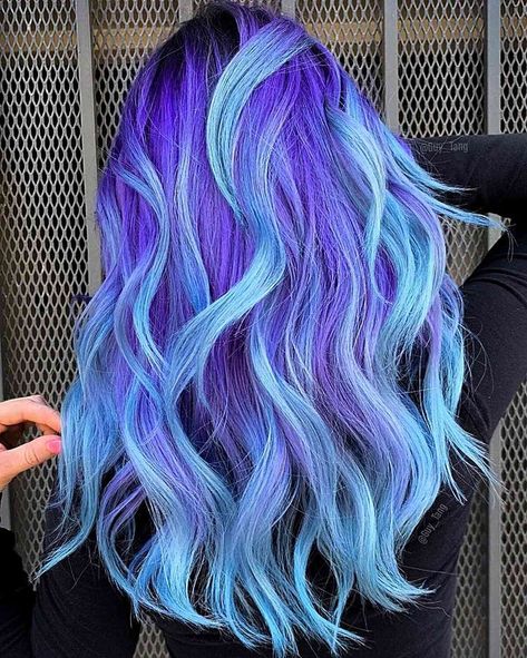 Beautiful blue and purple blended hair color Bright Summer Hair Color, 2024 Haircolors, Mermaid Hair Color Peekaboo, Blue And Purple Hair, Periwinkle Hair, Blue Purple Hair, Multicolor Hair, Mermaid Hair Color, Galaxy Hair